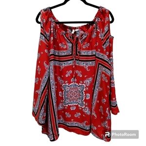 XL Est. 1946 Cold Shoulder Red Paisley Hankerchief Print 3/4 Sleeve  Tunic